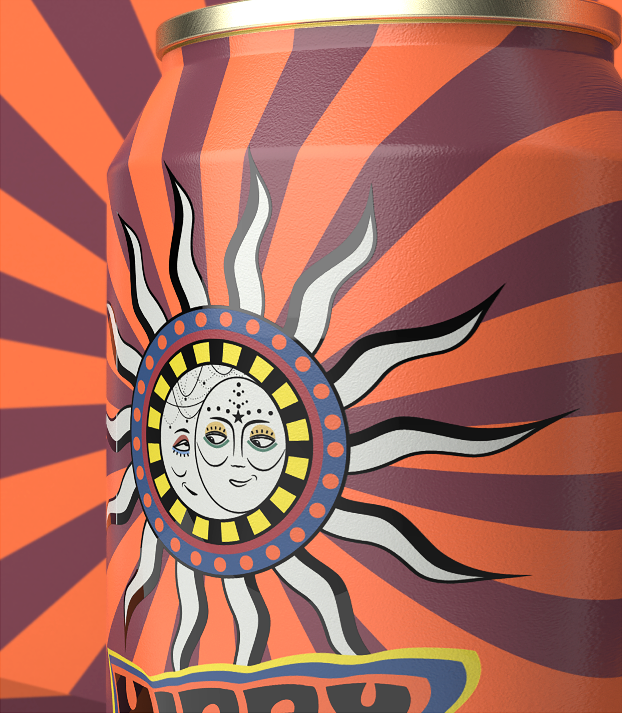 A can featuring a colorful sun and moon design with orange and purple rays in the background.