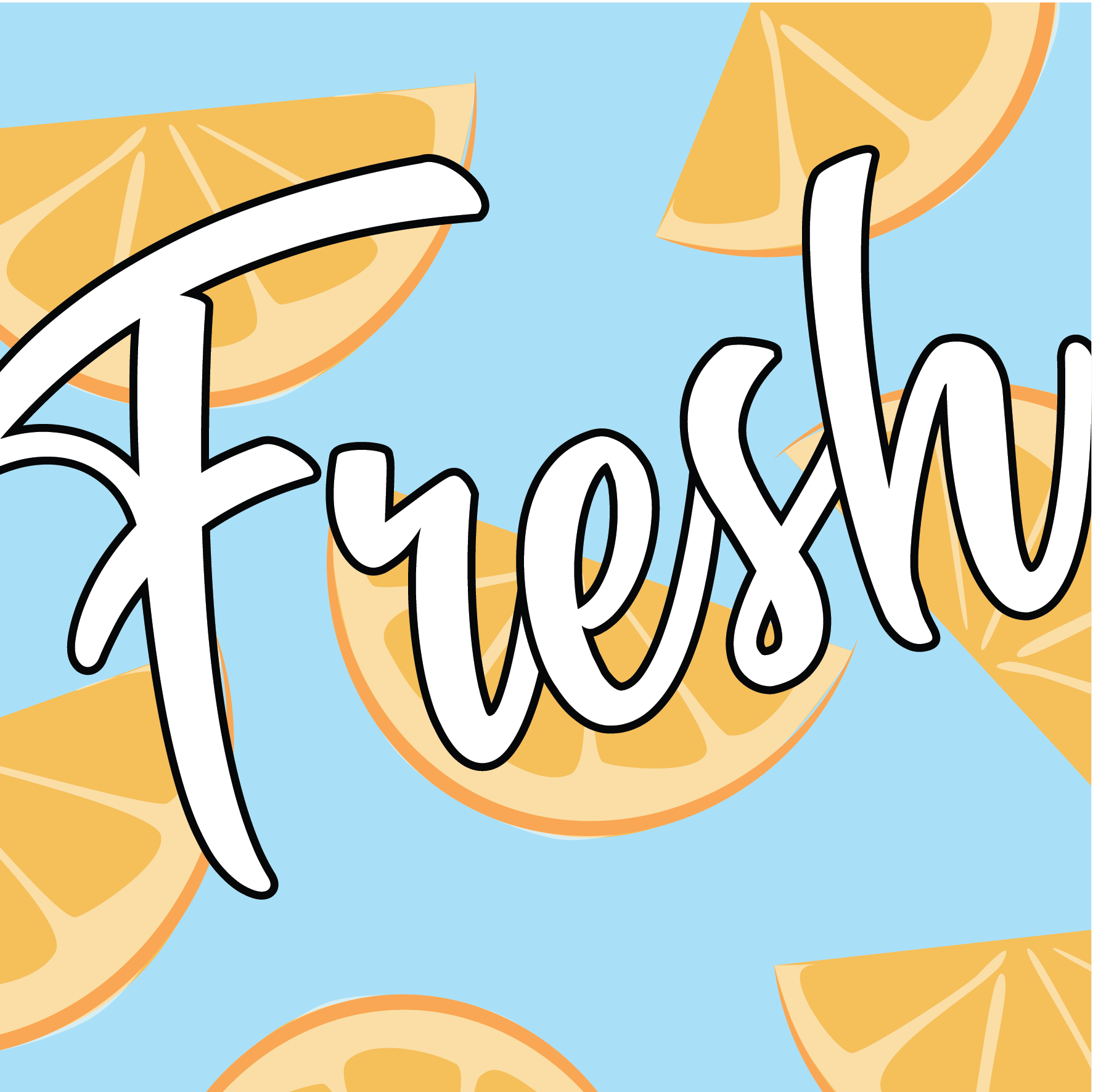Colorful graphic with sliced oranges and the word 'fresh' written in bold, black cursive font on a blue background.