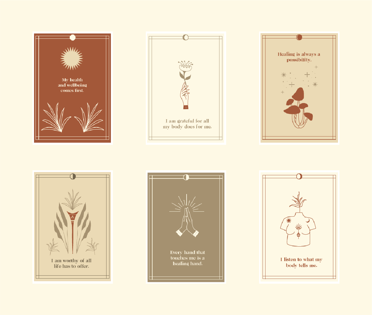 Six vertically oriented cards with minimalist designs and affirmations about health, well-being, gratitude, healing, and body awareness.