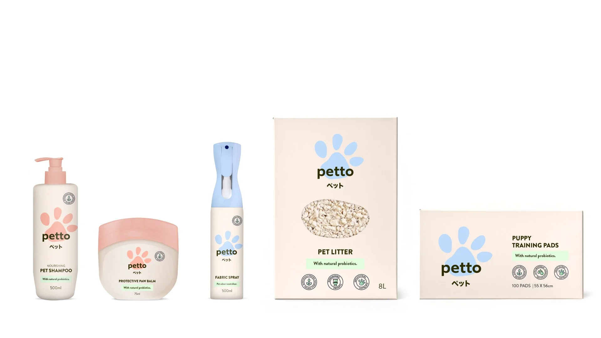 A collection of pet care products, including pet shampoo, paw balm, fabric spray, pet litter, and training pads, all labeled with the brand name 'petto' and featuring pastel colors and pet-related icons.