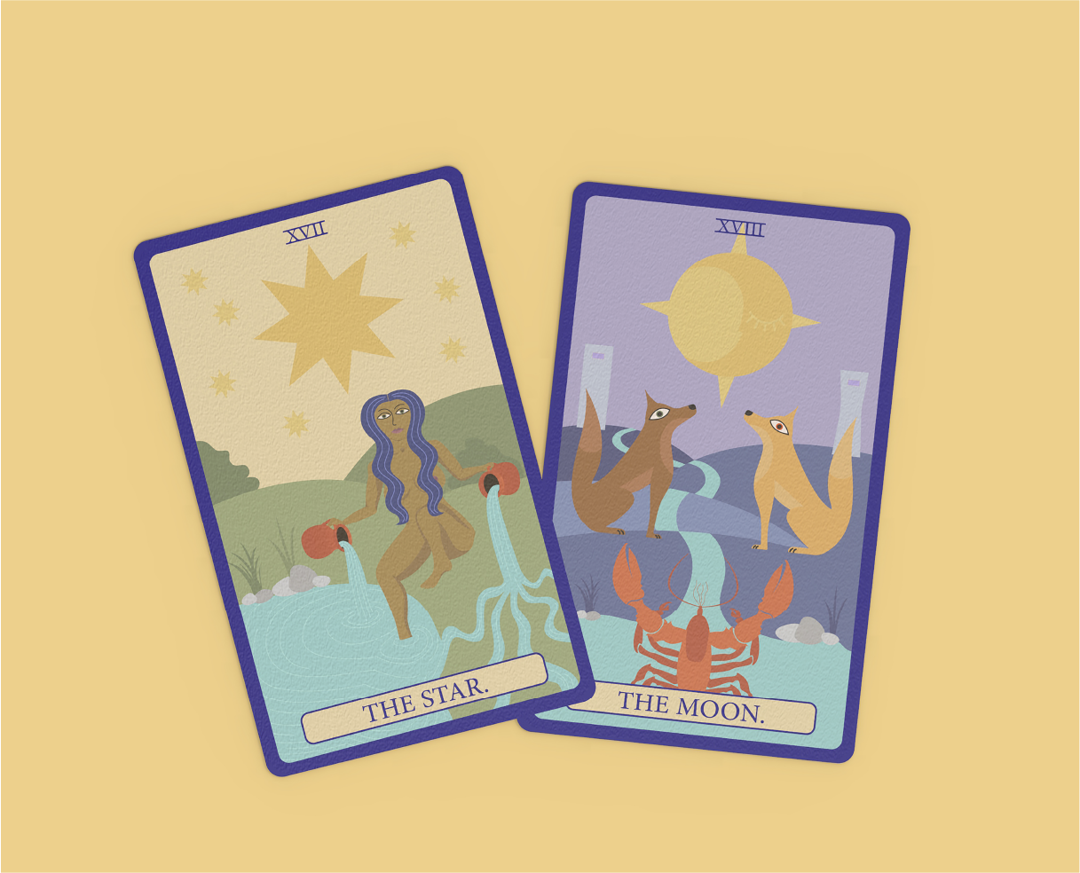 Tarot cards of The Star and The Moon placed on yellow background. The Star card features a woman with blue hair and water flowing from two jugs, with a star and smaller stars in the sky. The Moon card shows two scorpions and two dogs beneath a large 