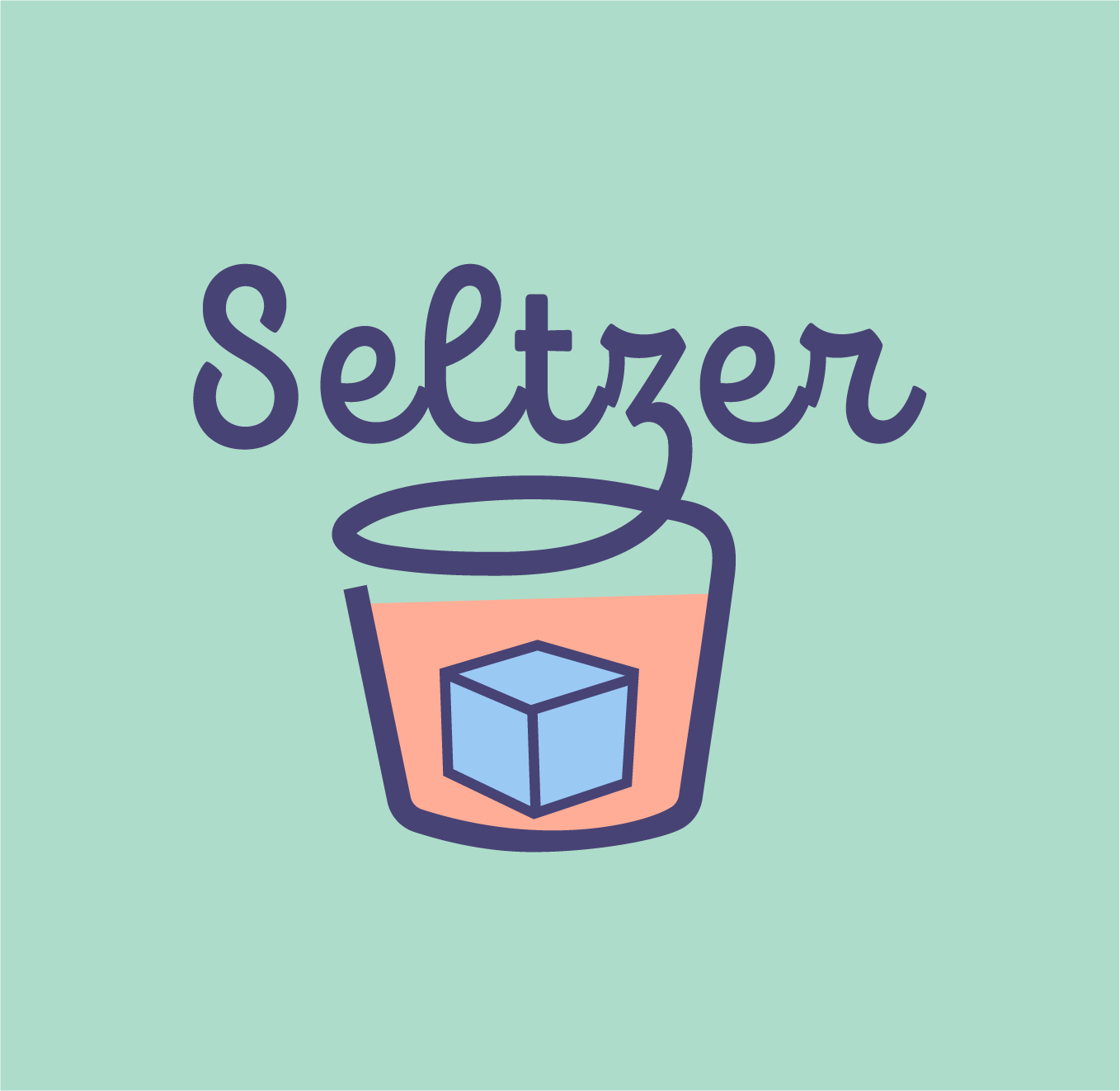 Illustration of a glass with an ice cube and the word 'Seltzer' above it, on a light green background.