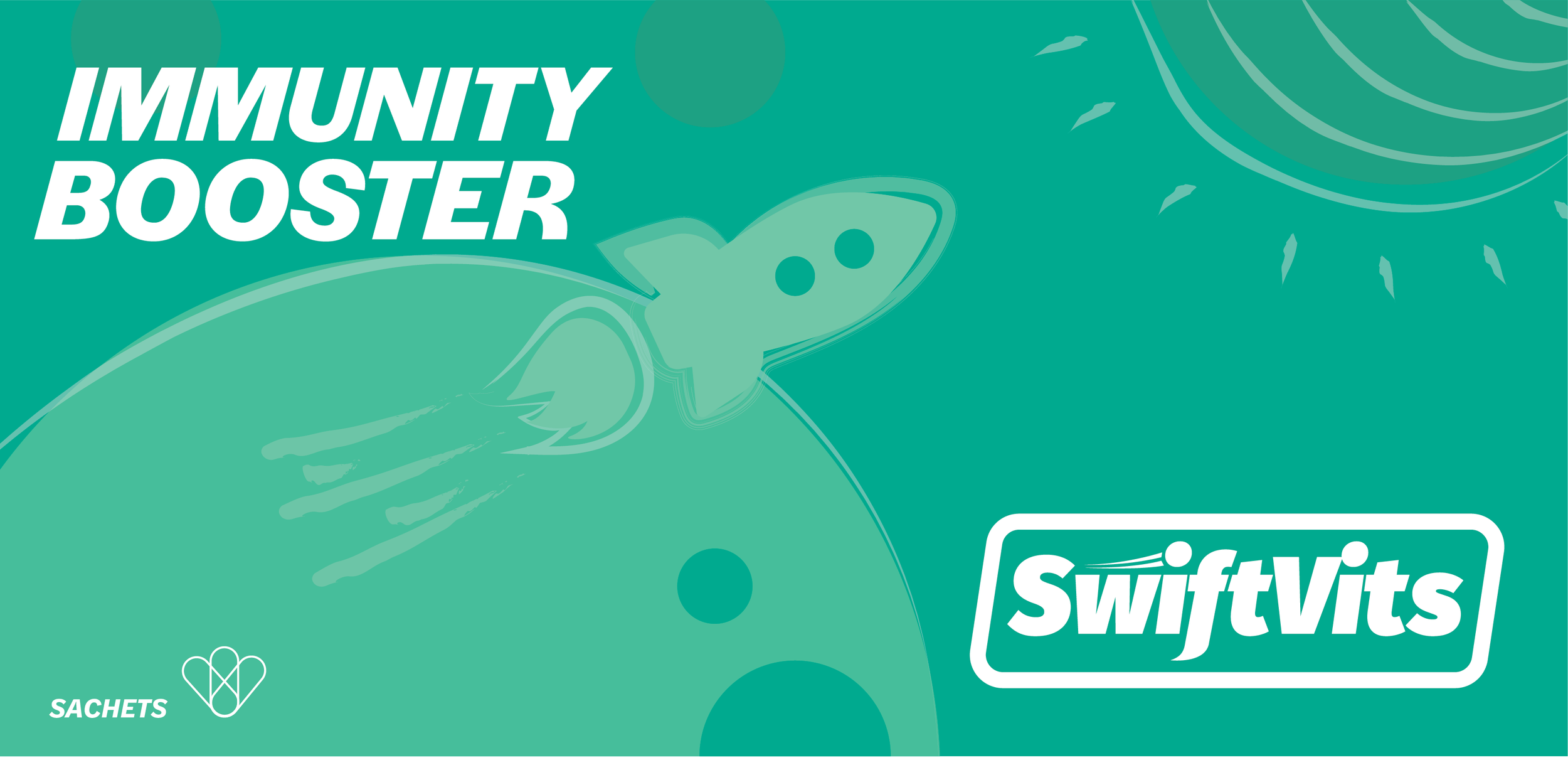 A teal-colored package with the words 'IMMUNITY BOOSTER' and 'SwiftVits' logo, featuring a stylized rocket ship launching from a planet, indicating health supplement sachets.