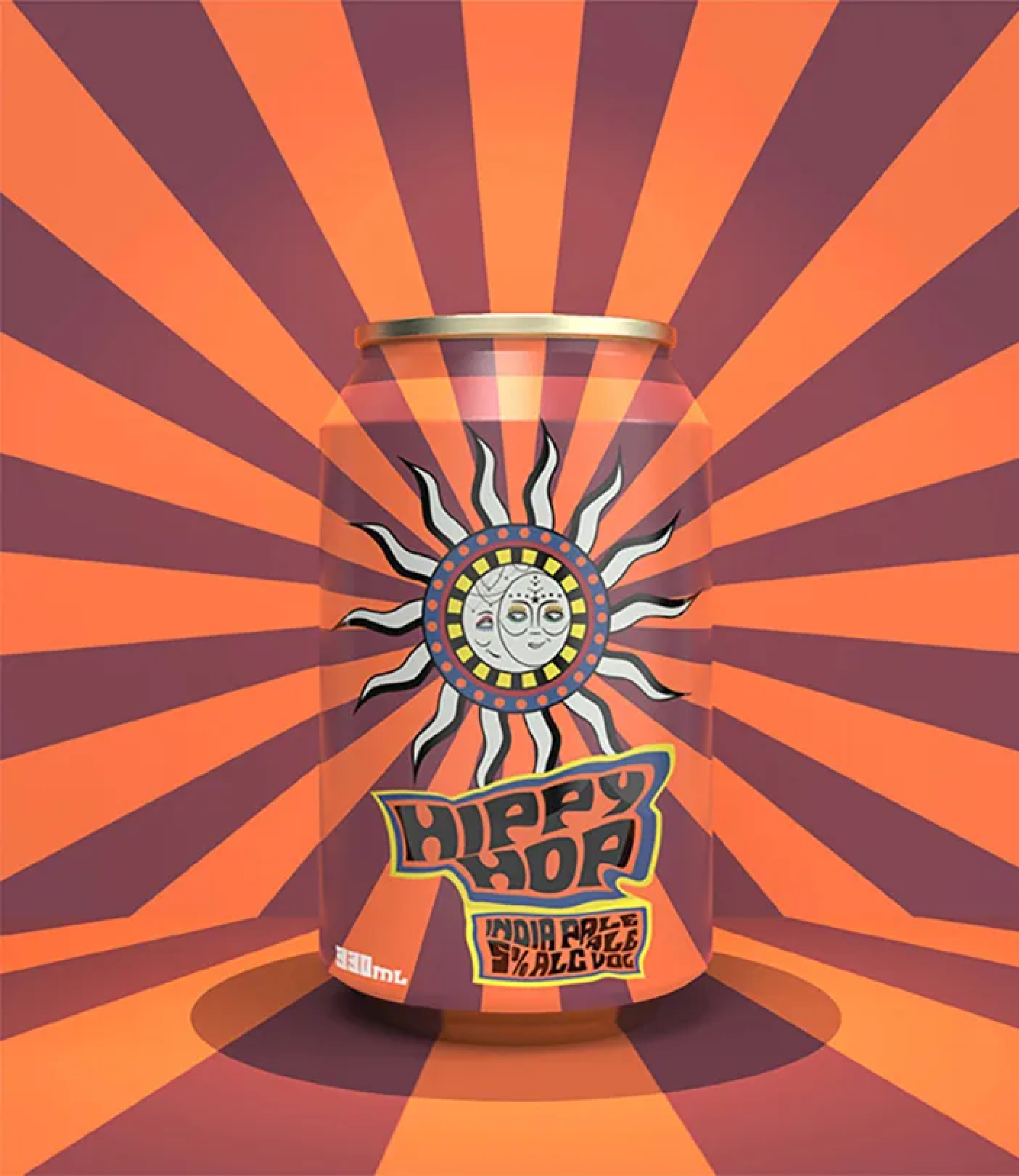 A can with a psychedelic sun and moon design, featuring a face on the moon, against an orange and purple radiant background.