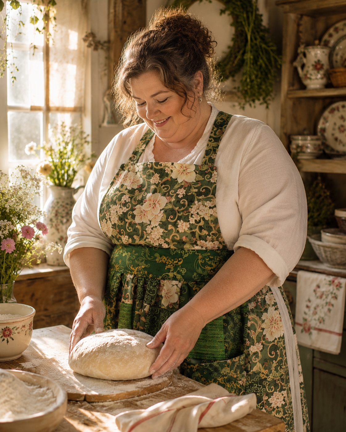 Apron.WhiteFloralonGreen.1bakingbread.AIModel.d.png