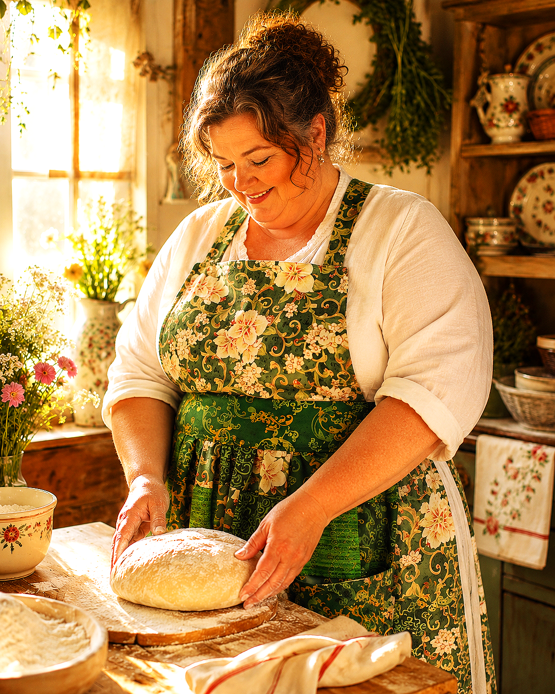 Apron.WhiteFloralonGreen.1bakingbread.AIModel.d.png