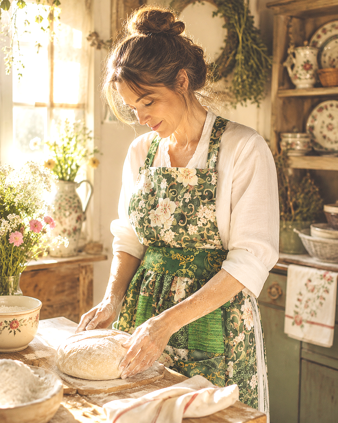 Apron.WhiteFloralonGreen.1bakingbread.AIModel..png