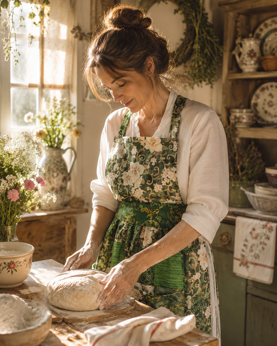 Apron.WhiteFloralonGreen.1bakingbread.AIModel..png