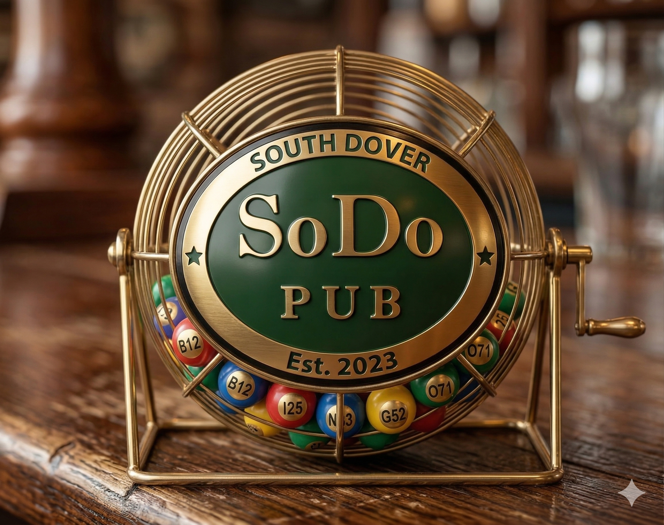 A vintage-style Bingo basket with a green and gold sign reading 'South Dover So Do PUB Est. 2023' and filled with colorful Bingo balls.