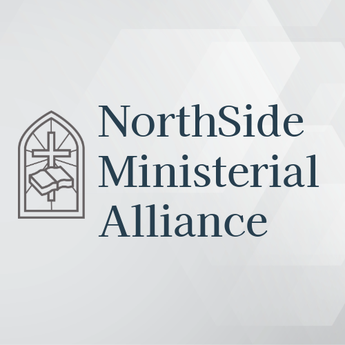 Logo of NorthSide Ministerial Alliance with a stained glass window design featuring a cross and an open book.