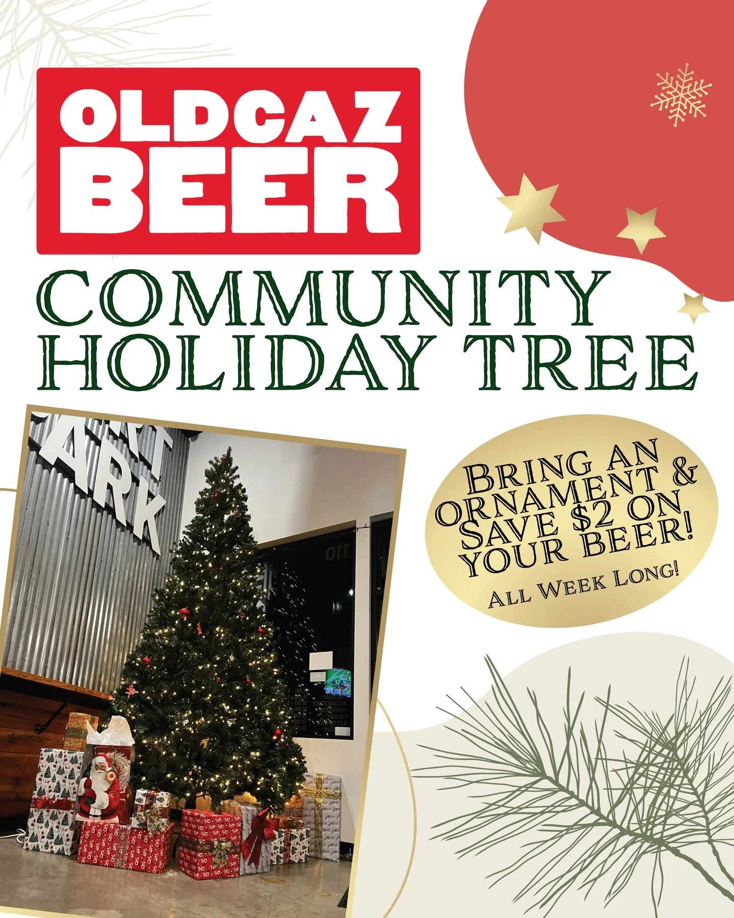 The Old Caz Community Christmas Tree is up and glowing for the season.
Our crew put together the lights, ornaments, and festive touches that make the taproom feel extra cozy this time of year.

Now we&rsquo;d love for the community to help finish the