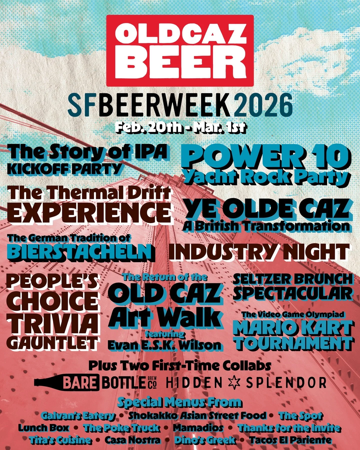 Our @sfbeerweek Lineup is here... These are all of the events you have to look forward to at the @somovillage Brewpub:

A One of a Kind Kickoff Party with Six IPA Releases 
Seven New Releases from Old Caz Beer
Two Collabs with @barebottle and @hidden