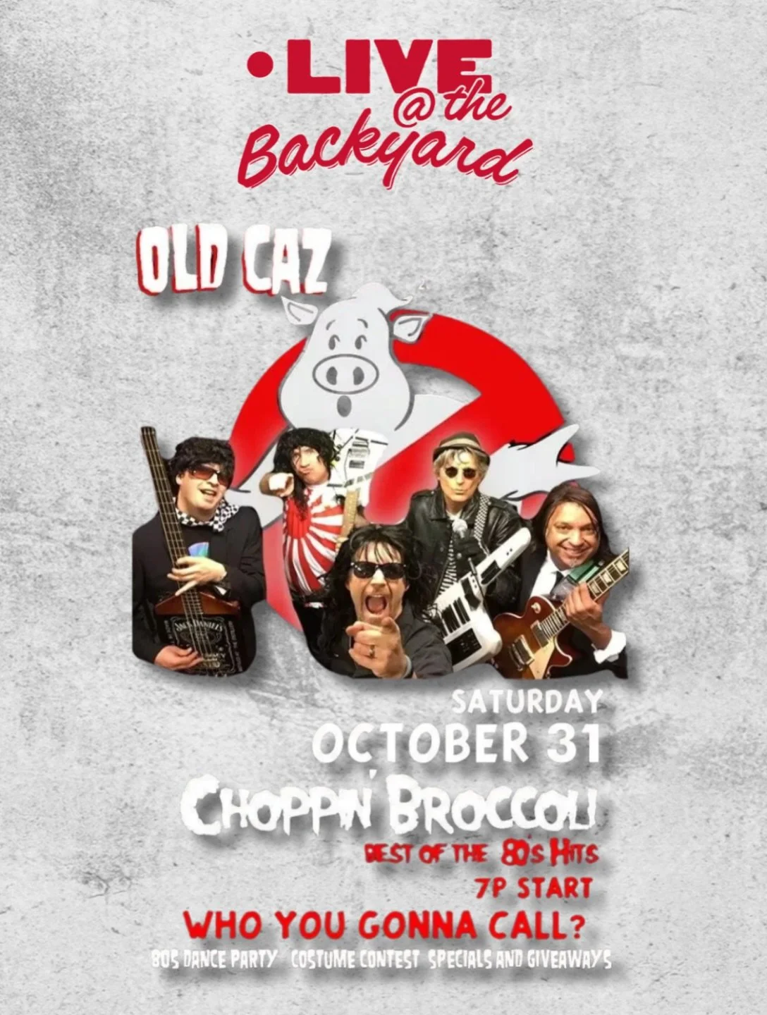 Halloween is just a few nights away, and we can&rsquo;t wait to see you all in costume.

Live at the Backyard: Choppin Broccoli brings the &rsquo;80s hits on Saturday, October 31, from 7&ndash;10 PM.

Get your costumes together, round up your people,