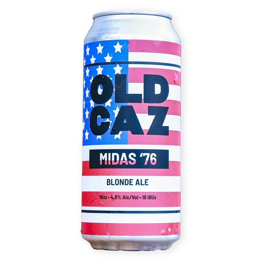 A can of Old Caz Midas '76 Blonde Ale with red, white, and blue patriotic design.