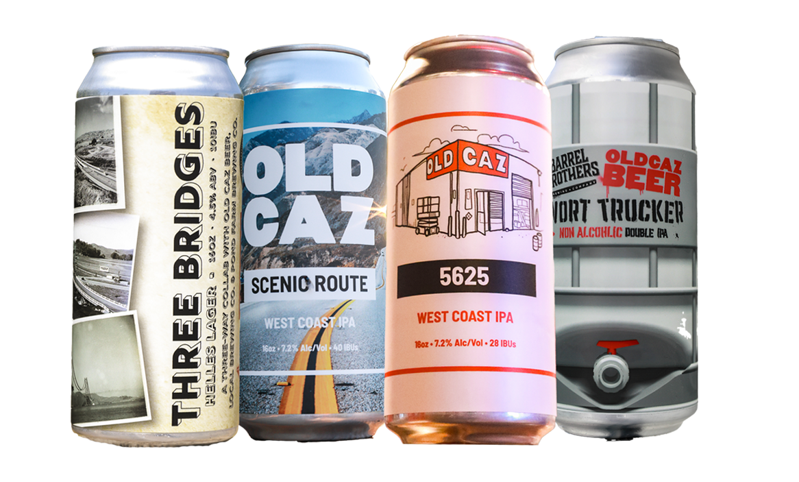 Four cans of Old Caz West Coast IPA beer arranged side by side, with distinct labels and artwork.