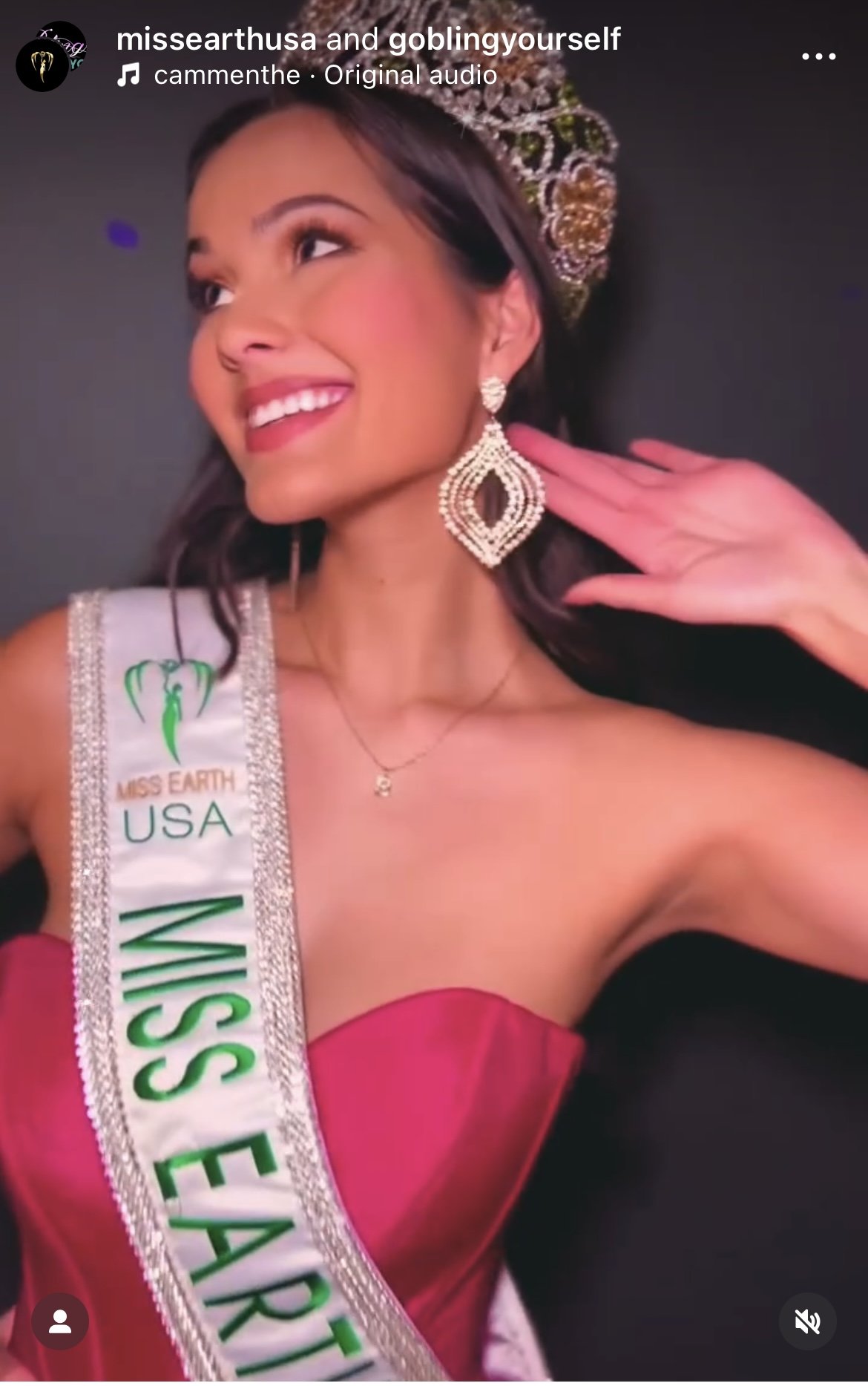 Miss Earth USA contestant smiling, wearing a pink strapless gown, crown, large earrings, and a sash that reads 'Miss Earth USA'.
