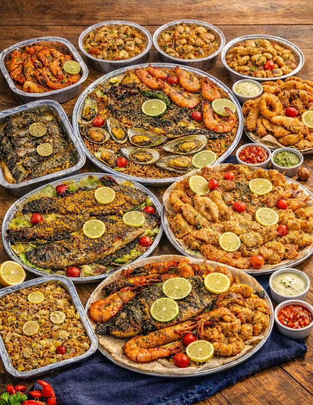 An assortment of seafood dishes on a wooden table, including shrimp, fish, oysters, calamari, and crab, garnished with lemon slices, cherry tomatoes, and herbs, served in aluminum trays and small bowls.