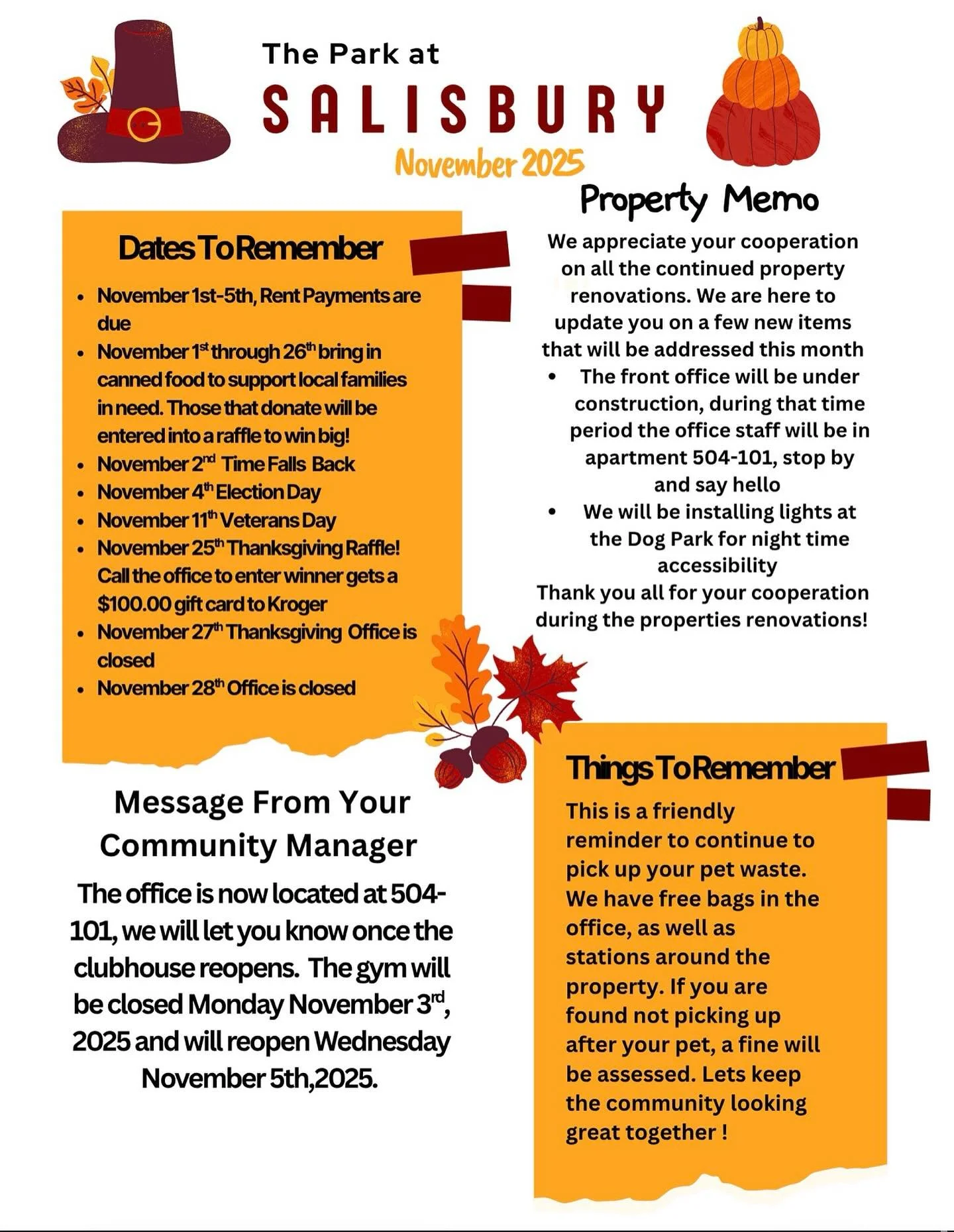 Happy November! We are happy to share the holidays with YOU at The Park at Salisbury ! 🦃🦃