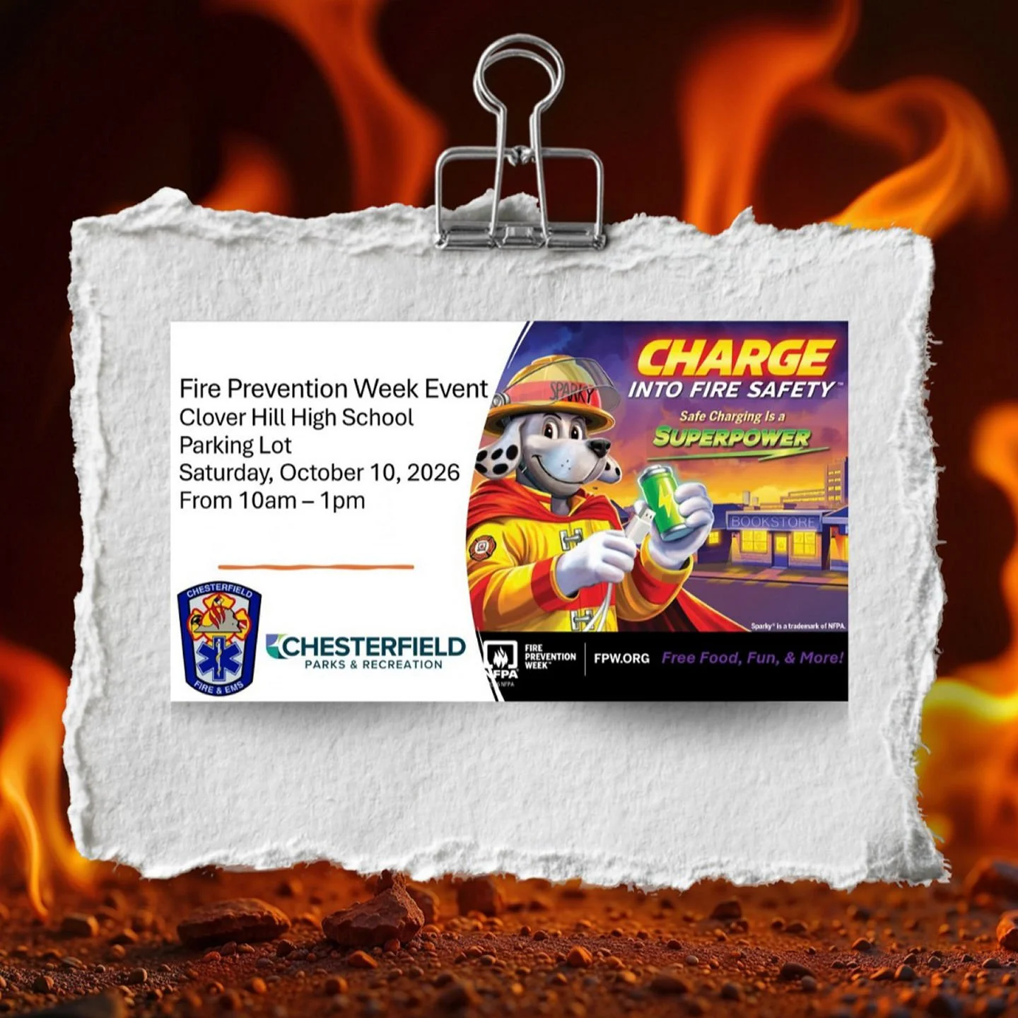🐦&zwj;🔥🚒Chesterfield County Parks and Recreation Team Brings You, "Charge Into Safety"🐦&zwj;🔥🚒 
Join our Firefighters and for Fire Prevention Week at Clover Hill High School's Parking Lot event on Saturday 10/10 from 10am-1pm. This ye