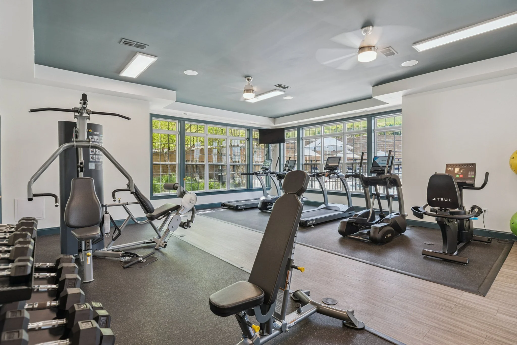 A bright fitness room with large windows, multiple treadmills, exercise bikes, a weight machine, and free weights on the floor.
