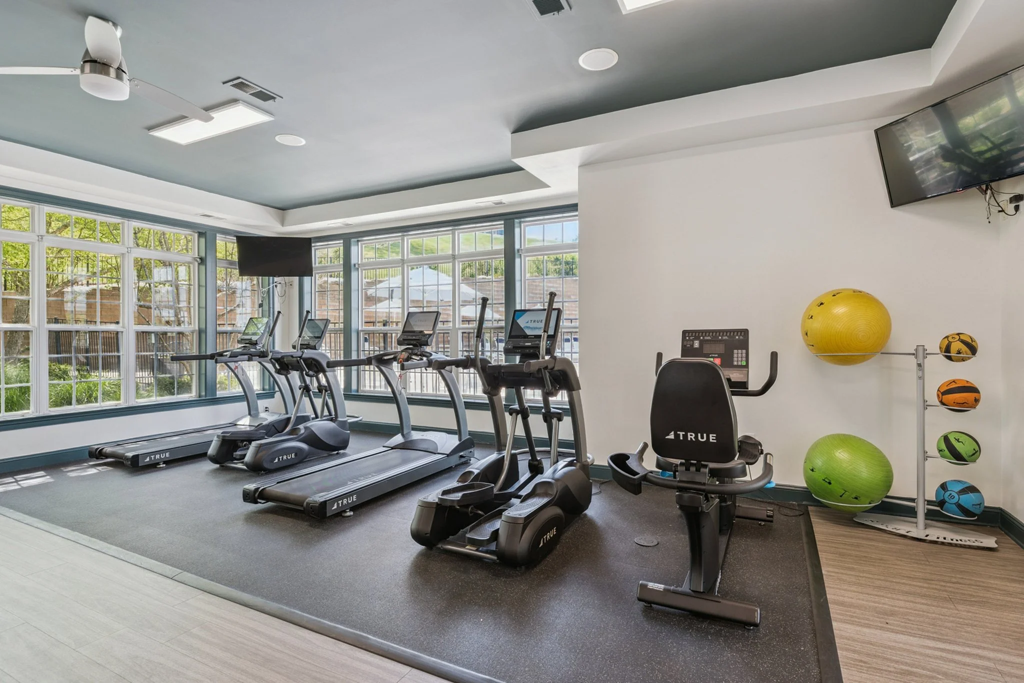 A fitness room with treadmills, stationary bikes, and colorful exercise balls against large windows showing trees outside.
