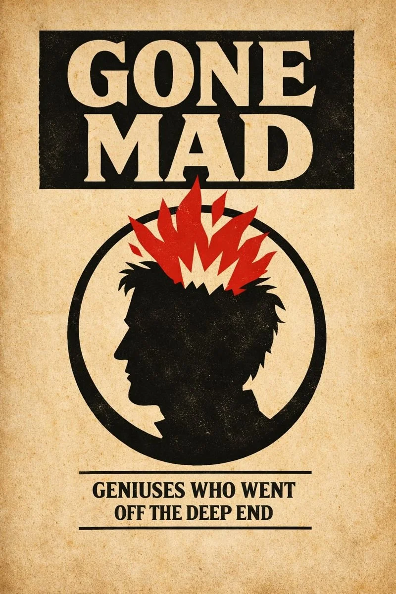 Book cover titled “Gone Mad” featuring bold vintage serif lettering, a black silhouette head inside a circular emblem, and a red flame rising from the skull on an aged parchment background, with the subtitle “Geniuses Who Went Off the Deep End.”