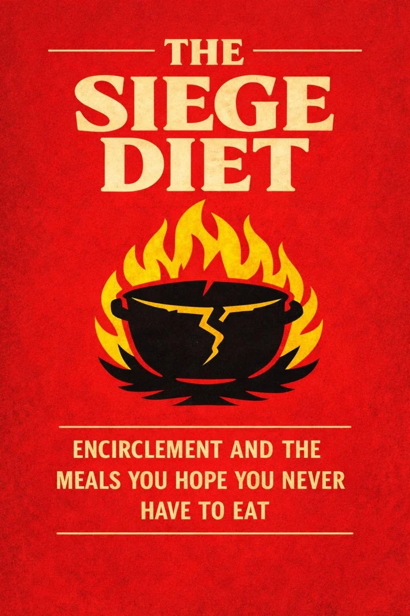Red vintage-style book cover titled The Siege Diet. A cracked black cooking pot surrounded by yellow flames sits beneath the title, with the subtitle “Encirclement and the Meals You Hope You Never Have to Eat” at the bottom in bold cream lettering.