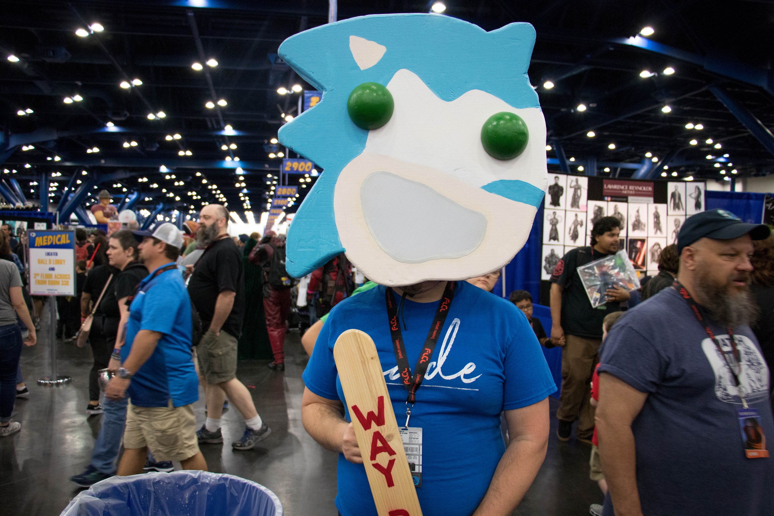 Man dressed up as the iconic "Sonic the Hedgehog" popsicle from everyone's favorite ice cream truck growing up.