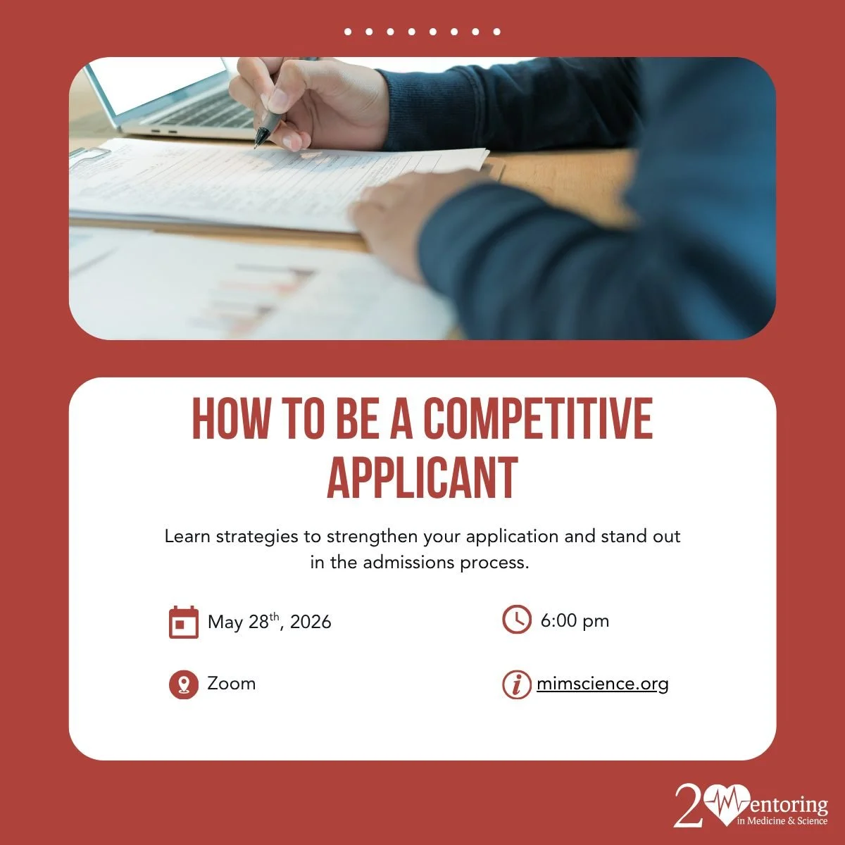 🎓 Ready to stand out in the admissions process?

Join our webinar: How to Be a Competitive Applicant
- Thursday, May 28
- 6:00 PM

Learn strategies to strengthen your application and effectively showcase your skills, experiences, and achievements. W