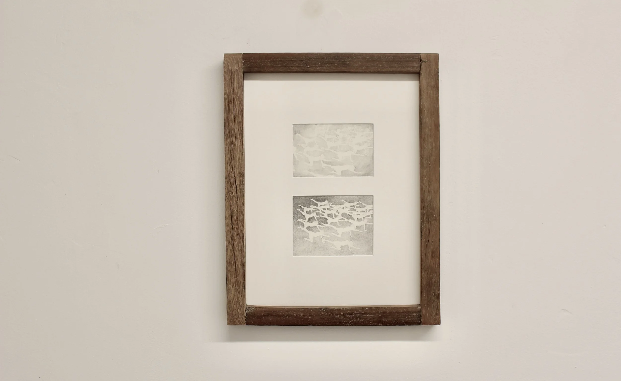 Formation 2a, 2b (2023) Graphite on Paper, Artists frame: reclaimed wood from Basildon municipal bench 33x42x4