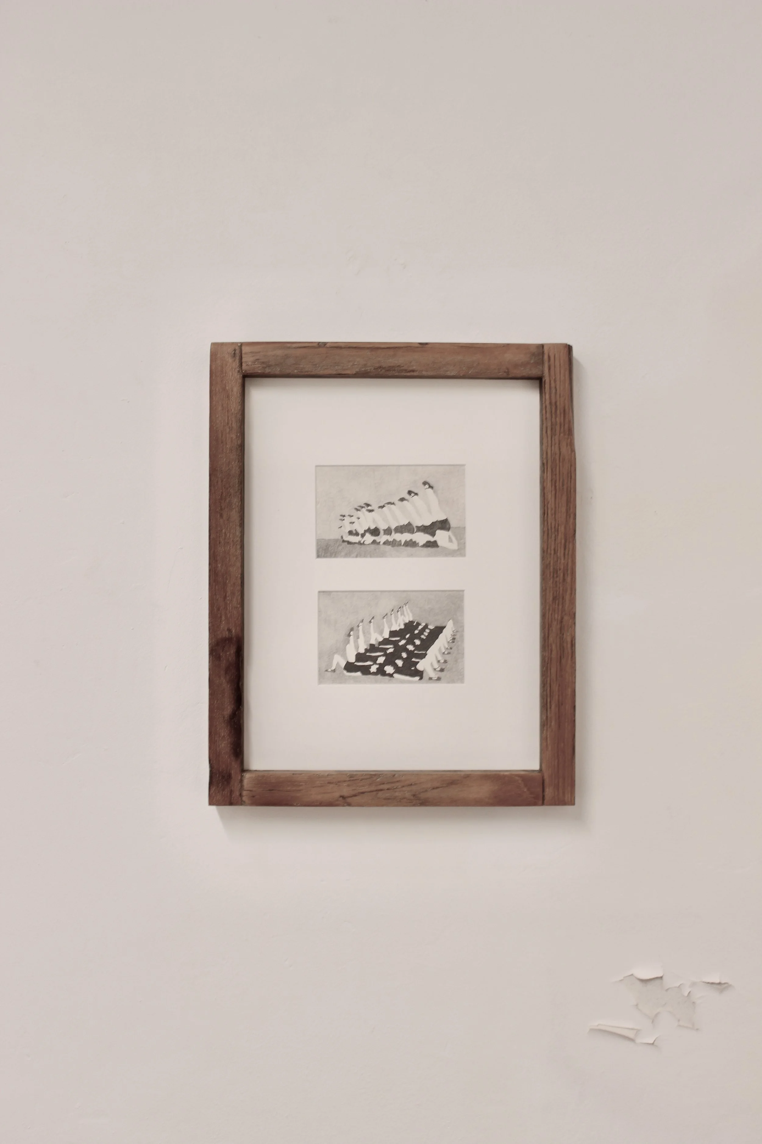 Positions, A, B (2023) Graphite on Paper, Artists frame: reclaimed wood from Basildon municipal bench, 33.5x42x4.5