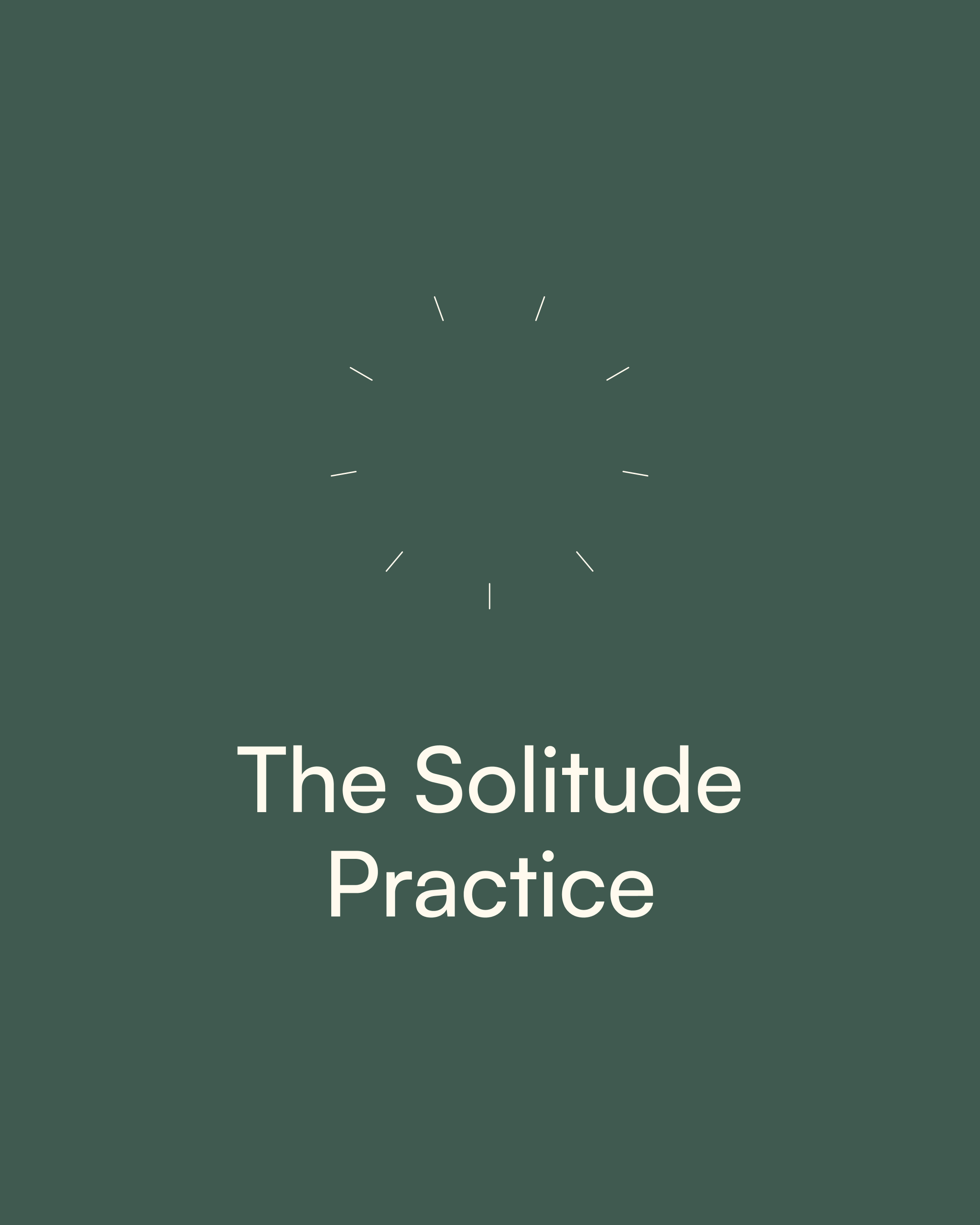 Book cover titled "The Solitude Practice" with a dark green background and a minimalist white clock illustration at the top.