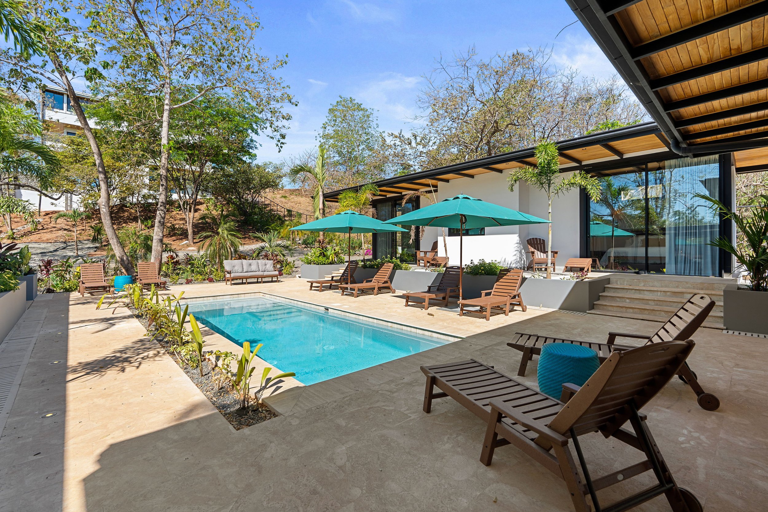 Modern backyard with swimming pool, lounge chairs, and green umbrellas, surrounded by trees and a contemporary house with large windows.