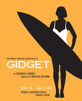 Poster for the premiere of the adaptation of 'Gidget' featuring a silhouette of a woman with a surfboard against an orange background