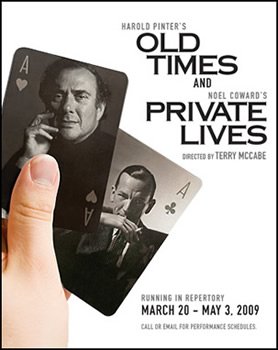 Playbill cover for Harold Pinter's 'Old Times' and Noel Coward's 'Private Lives' with black and white photos of actors on playing cards, hand holding one card.