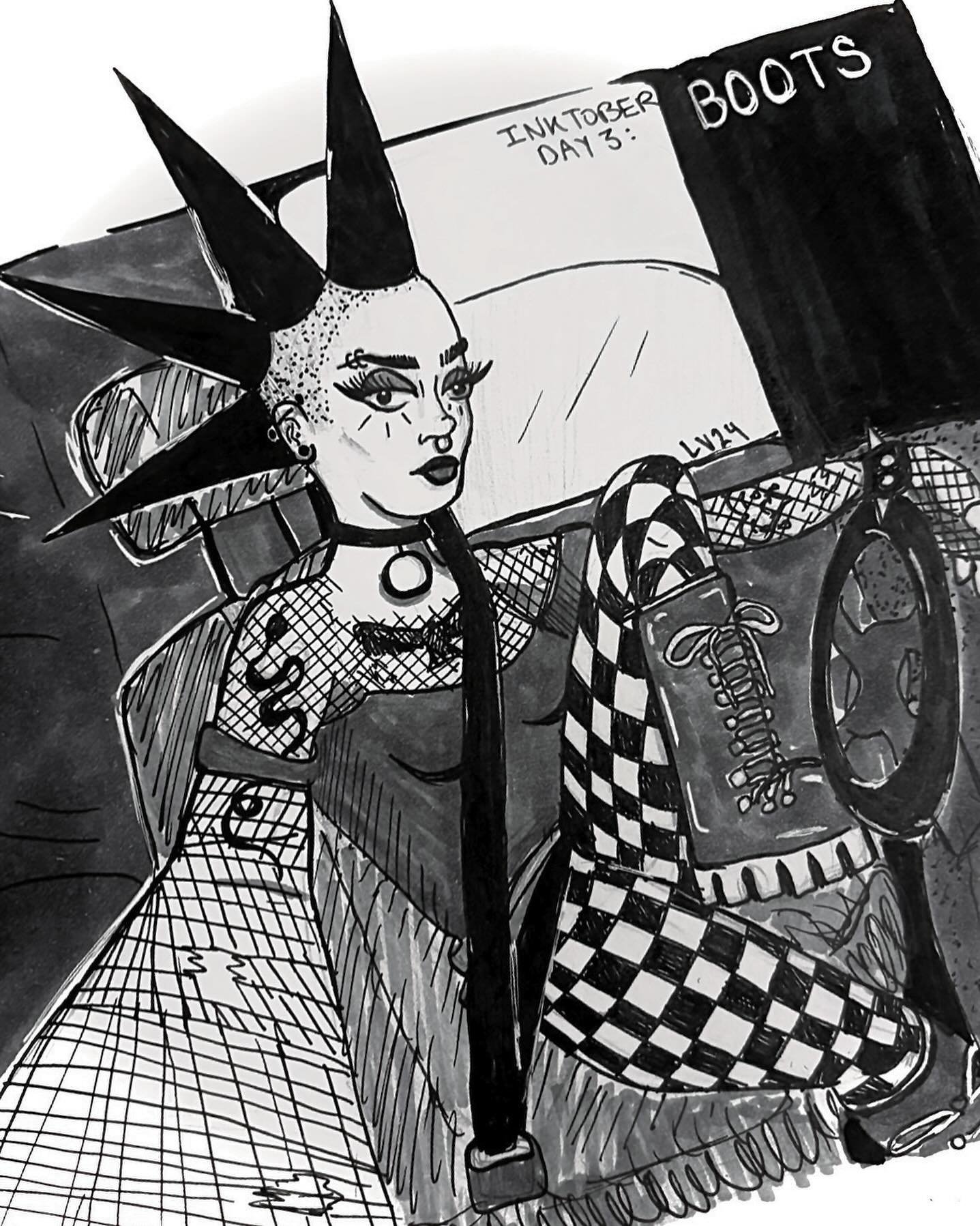 INKTOBER DAY 3: BOOTS 👢 
.
She wanted to take a quick selfie to show off her new boots while at a stop light 😗✌🏻🖤
.
#inktober #inktober2024 #boots #punkgirl #mohawk #femmeart #lizinrainbowsart