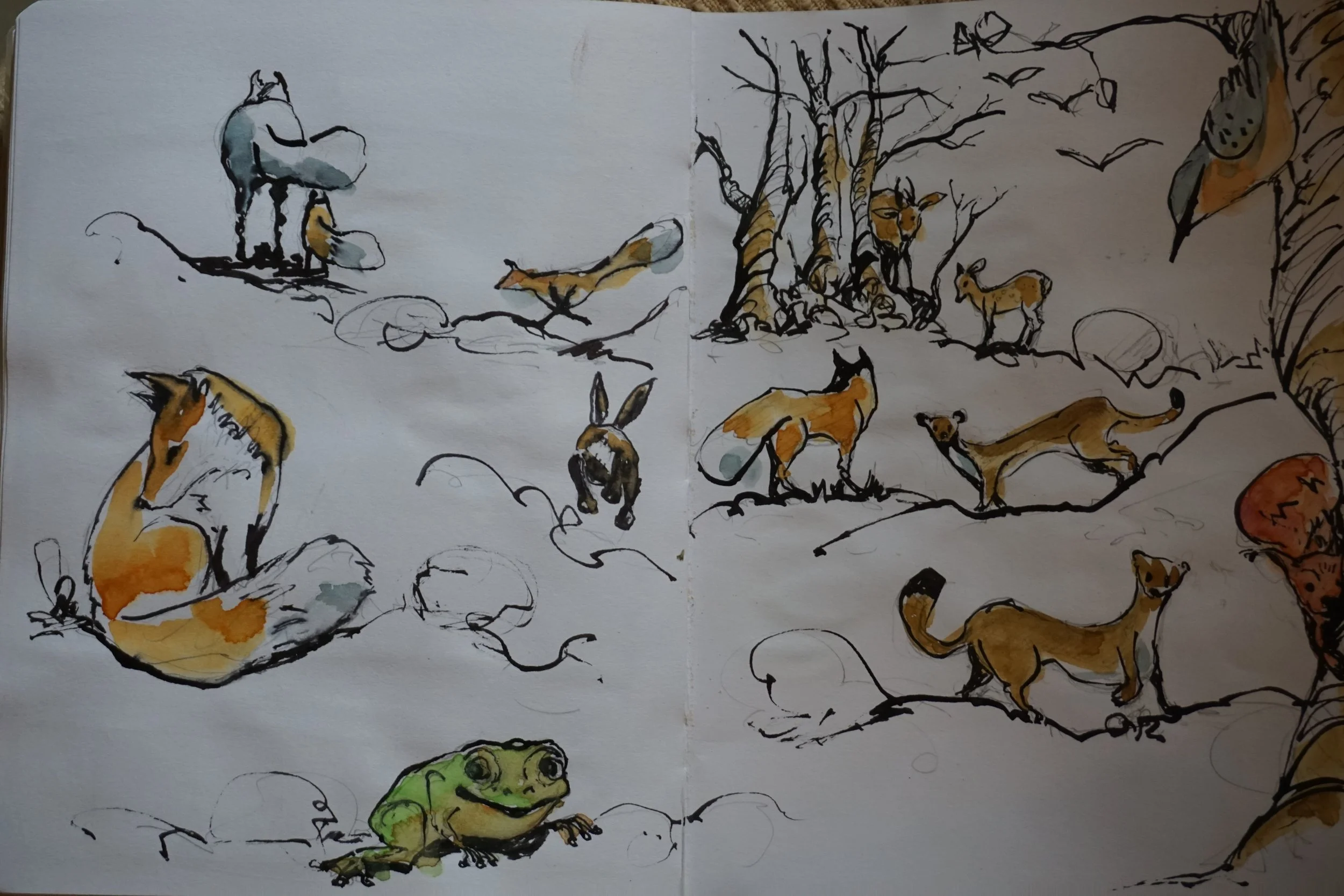 aquarelle et encre  c'est ce qui a le rendu le plus proche de ce que l'on obtiendra sur notre céramique...