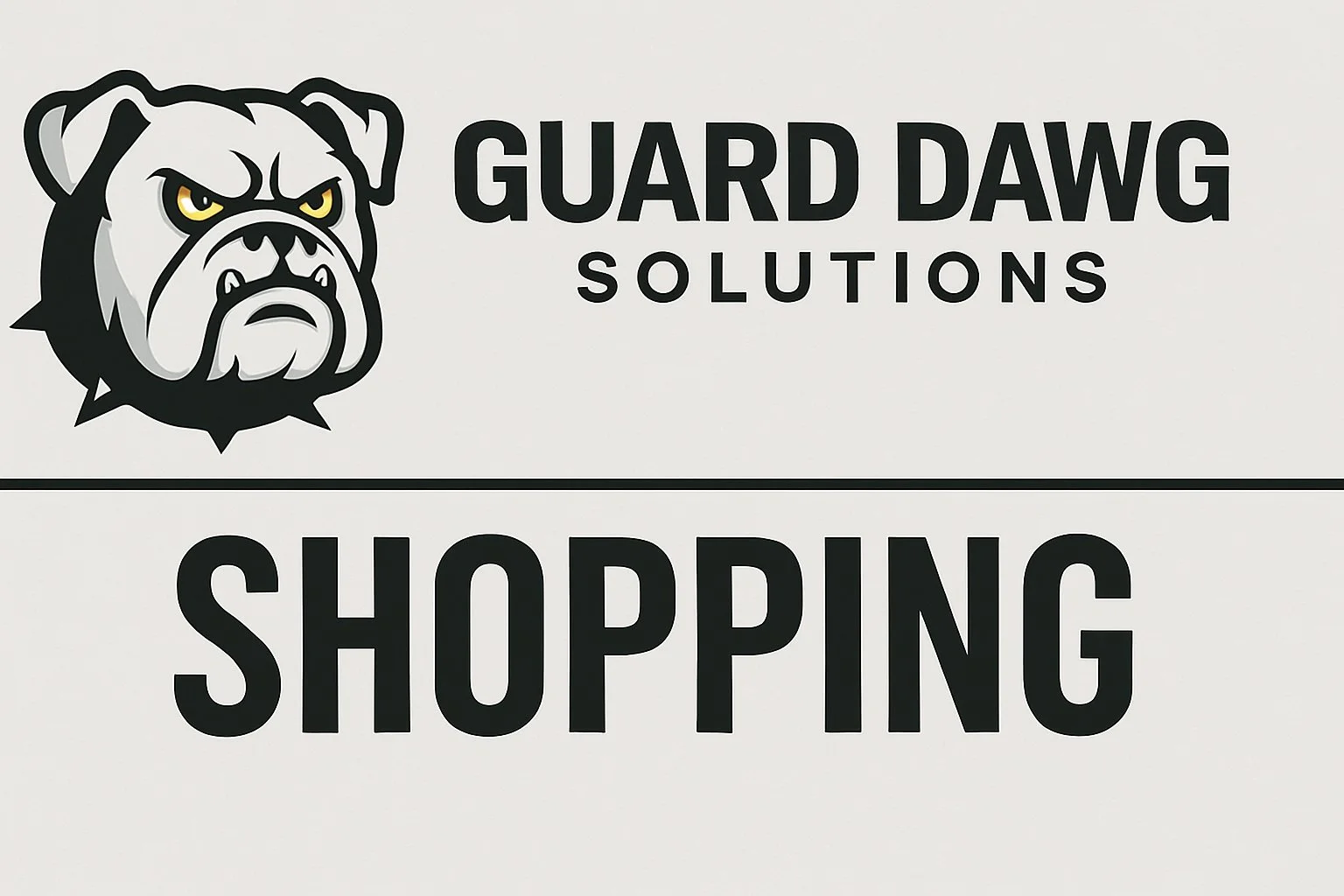 Sign for Guard Dawg Solutions with bulldog logo and the word 'Shopping'