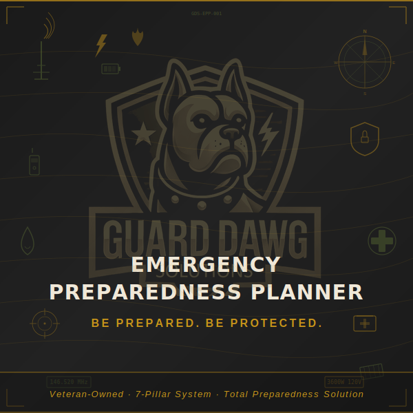 Cover of an emergency preparedness planner featuring a shield with a guard dog illustration. Text reads 'Guard Dawg' and 'Emergency Preparedness Planner' with the slogan 'Be Prepared. Be Protected.' The background includes icons for communication, power, health, and security.
