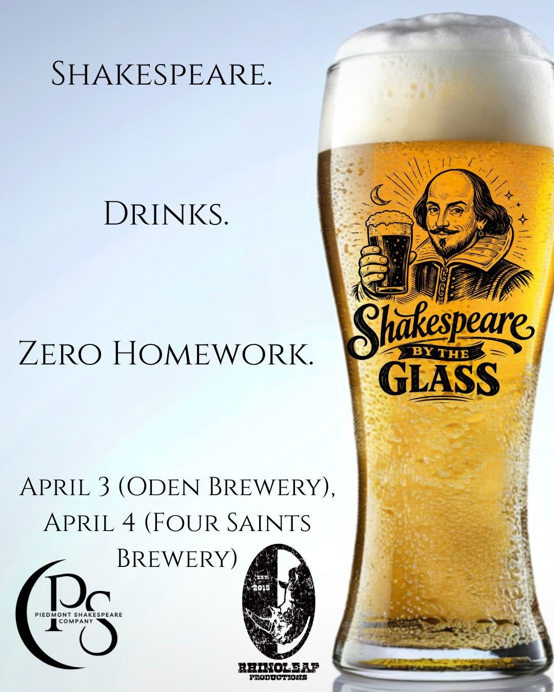 6 Days Until the most fun you'll have with Shakespeare until we open Much Ado in June!
Join us Friday, April 3 at Oden Brewery in GSO and Saturday, April 4 at Four Saints Brewery in Asheboro. Both events start at 7pm. Raise a Glass to Shakespeare! Do
