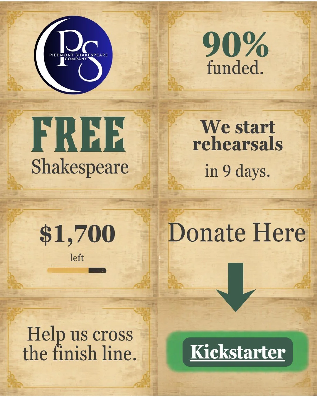 We start rehearsals in 9 days.
Because of this incredible community, we&rsquo;ve already raised more than 90% of the funds needed to bring FREE performances of Much Ado About Nothing across the Piedmont Triad this summer.

Now we need help crossing t