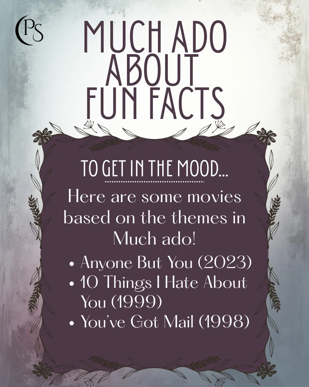 Some fun movies that follow tropes Shakespeare popularized in Much Ado About Nothing. If you like these movies, you're sure to enjoy our production! Reserve tickets on our website now (https://piedmontshakes.org/reservations)