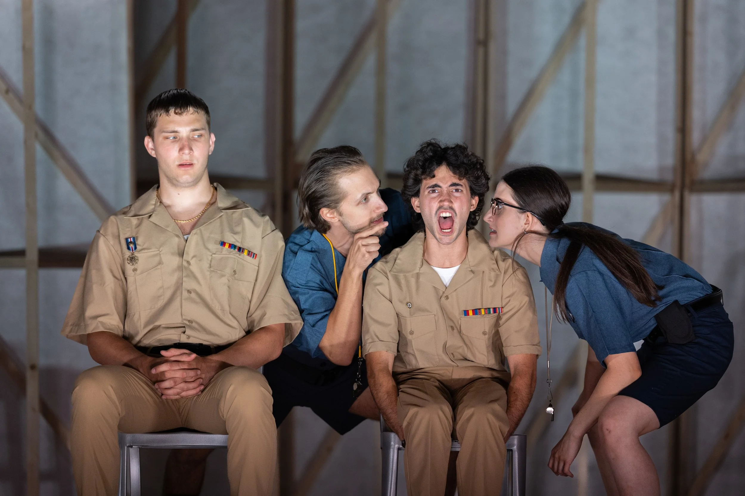 Jaden Carlisle as Borachio, Eric Feucht as Dogberry, Matías Kruse as Conrad, and Katie Gavin as Verges in Piedmont Shakespeare's Much Ado About Nothing 2026.