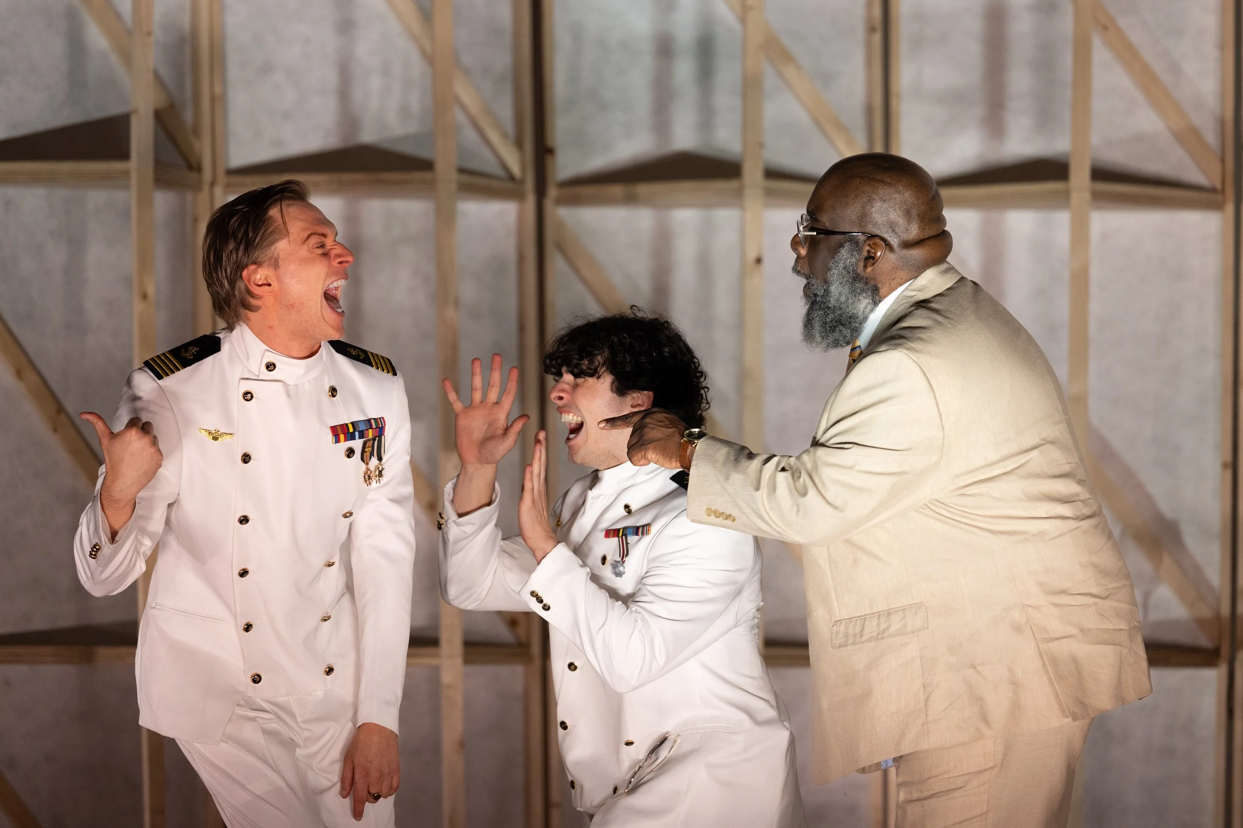 Julian Stetkevych as Don Pedro, Jakob Gruntfest as Claudio, and Cliff Odle as Leonato  in Piedmont Shakespeare's Much Ado About Nothing 2026