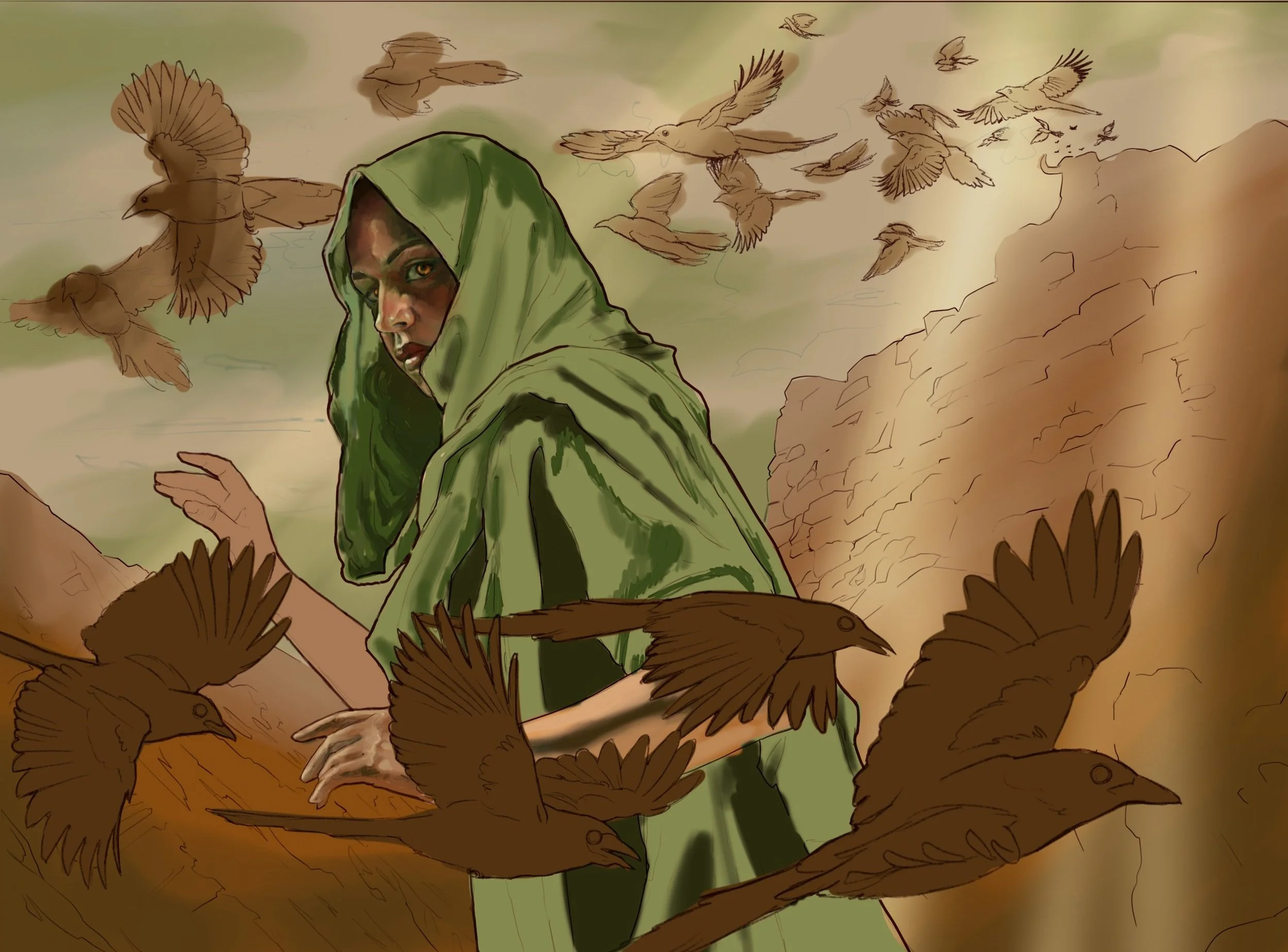 Rough color and value study (later I adjusted the value relationships to make the figure the darkest element).