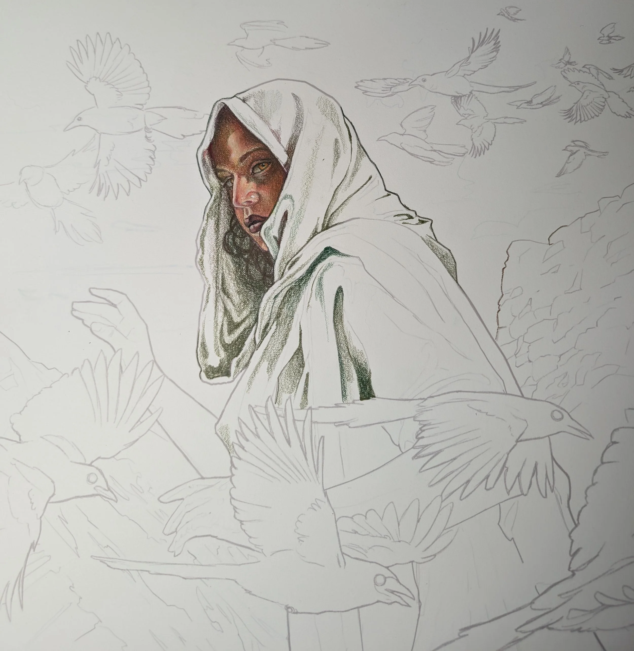 Printed sketch and the first forays into colored pencil