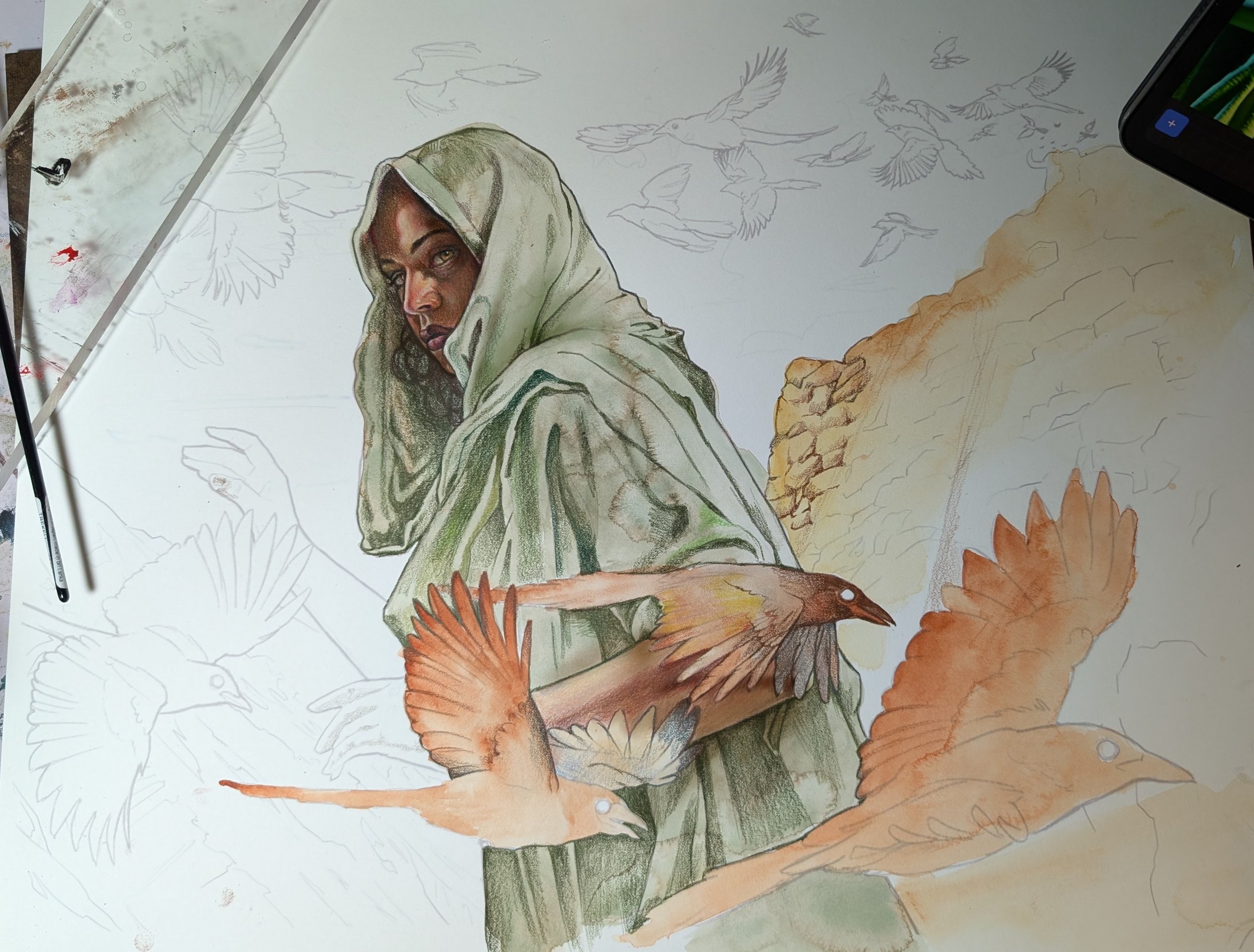 Watercolor washes to begin to establish hues and values