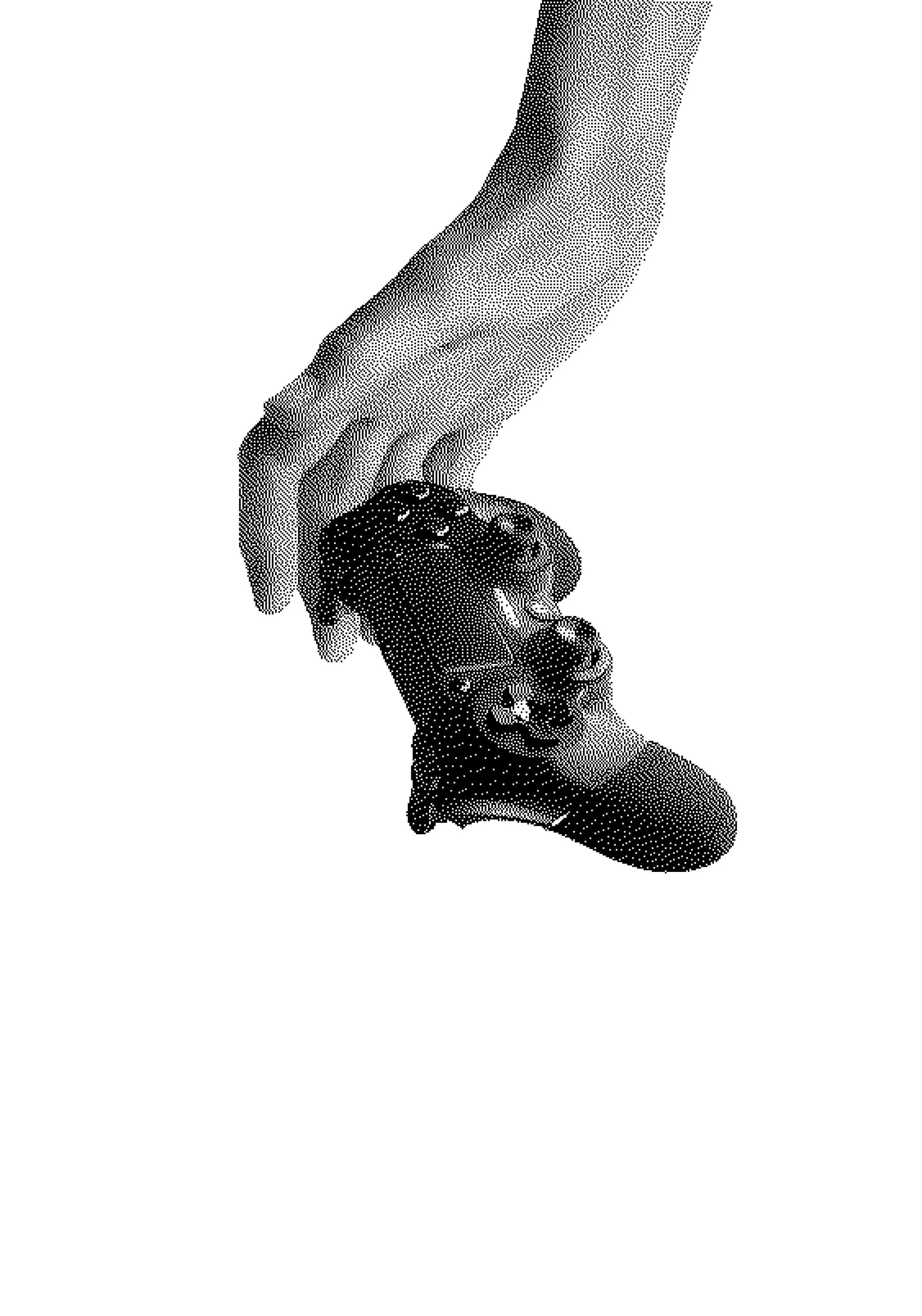 A hand holding a skull, depicted in a halftone artistic style.