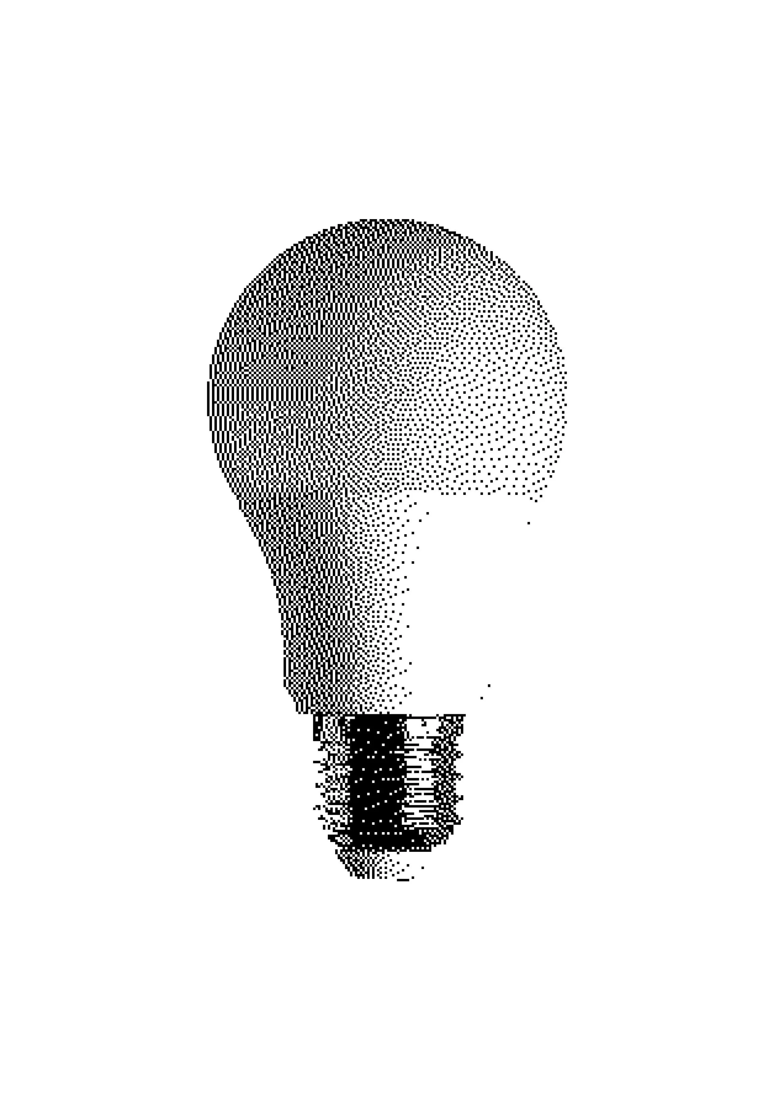 Black and white raster image of a lightbulb illustration created with stippling dots.