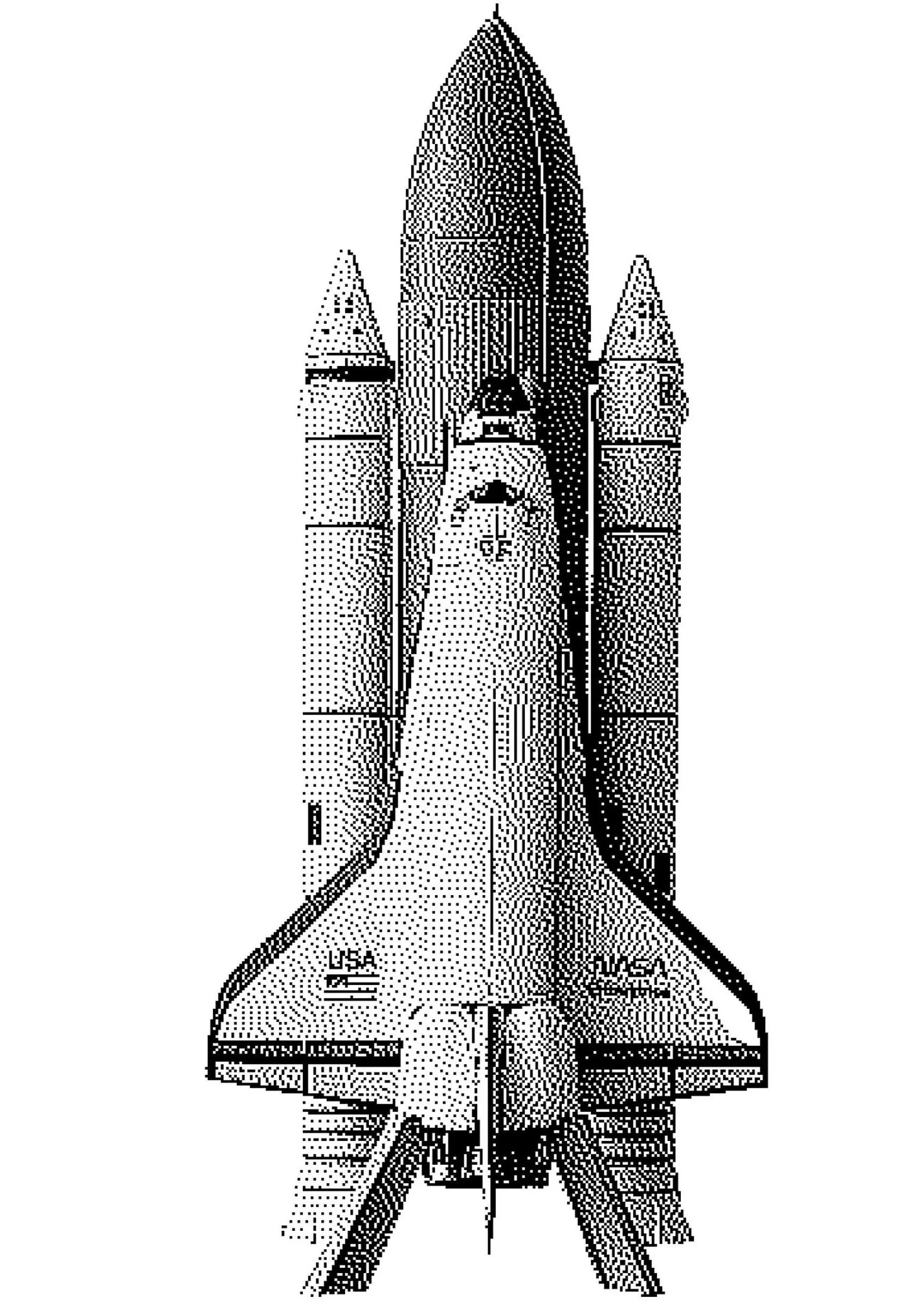 A detailed line drawing of a space shuttle with a tall, pointed nose, broad wings, and engines at the back, depicted in black and white.